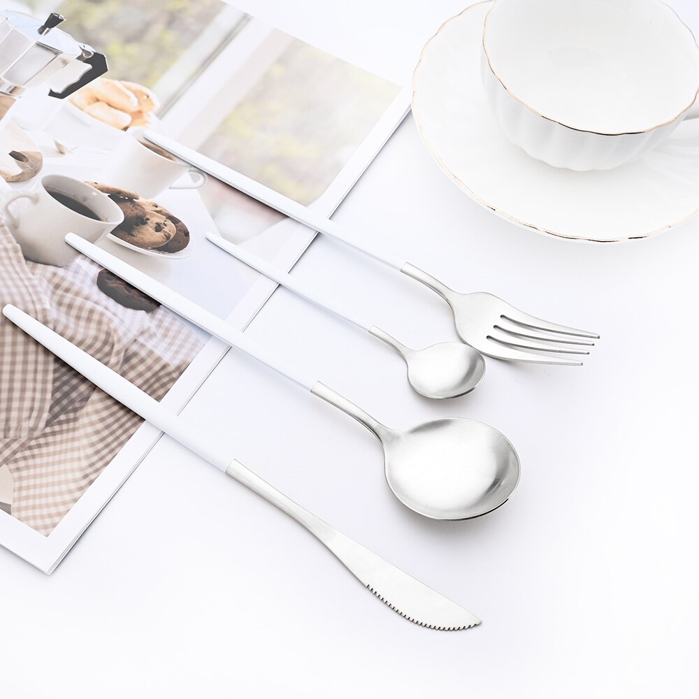 Drmfiy White Silver Dinnerware Set Western Matte Cutlery Stainless Steel Kitchen Tableware Fork Spoons Silverware Flatware Set