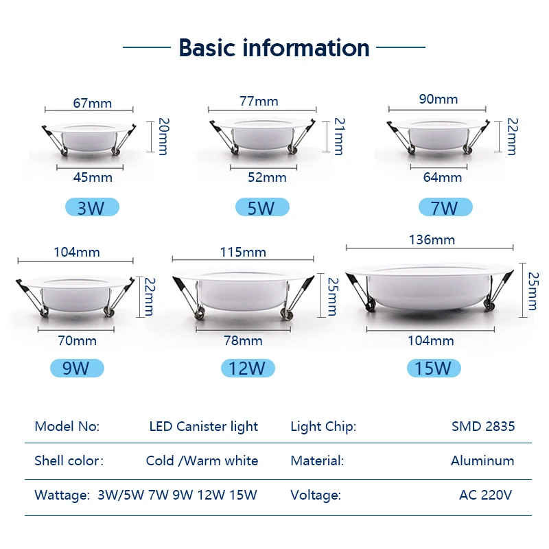10 teile/los LED Downlight 3W 5W 7W 9W 12W 15W Decke Lampe Runde LED Blub 220V Einbau drinnen LED Decke Licht für Wohnzimmer