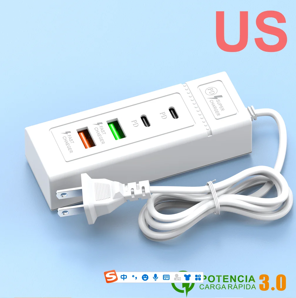 4- porters usb c hurtigladende reiselader med 1m kabler multiporter type c vegglader eu/us/uk plugg pd strømadapter lader