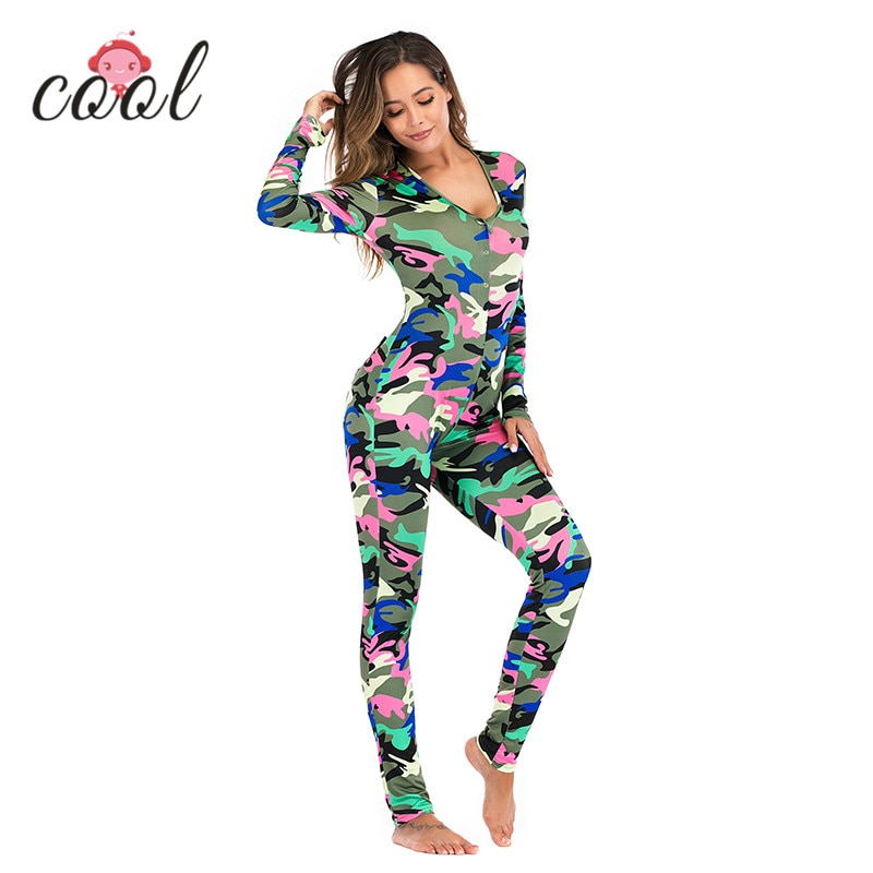 camouflage adult onesie pajamas long sleeve jumpsuit with butt falp for women