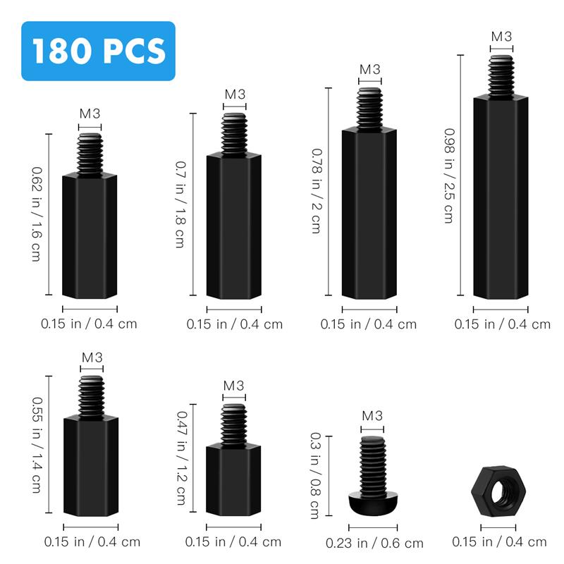 ROSENICE 180 stücke M3 Nylon verhexen Abstandshalter Schrauben Muttern Abstandsbolzen Schwarz Platine Abstandsbolzen Montage Hardware- Abstandshalter Sortiment