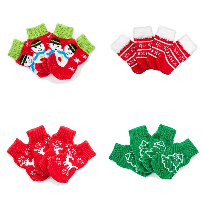 Animal Mignon antidérapant En Coton Tricoté Chaussettes Pour Petits Chiens De Noël Imprimé Pied Chaussettes Pour Animaux De Compagnie Costume 4 pièces/ensemble