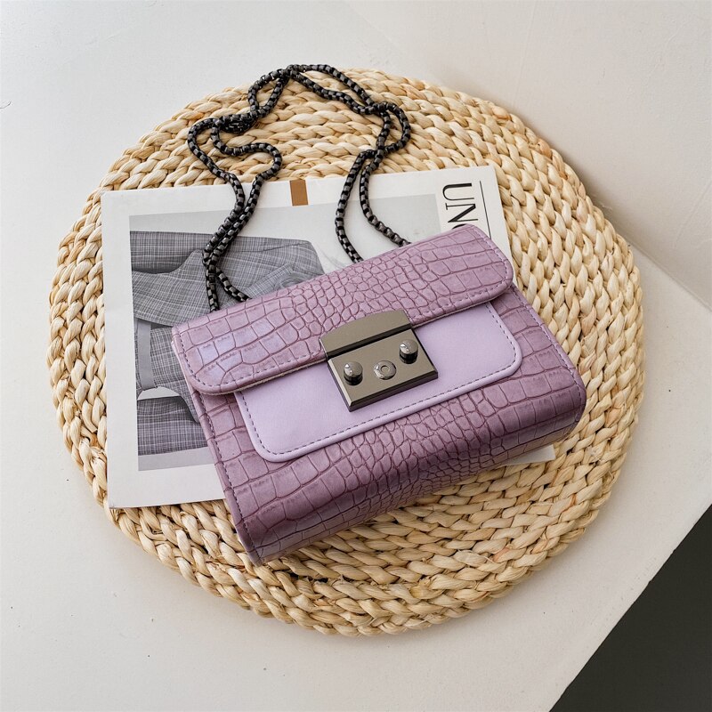 Krokodillenpatroon vierkante crossbody tas zomer pu leren dames handtas ketting schoudertas messenger bag: 19 cm paars