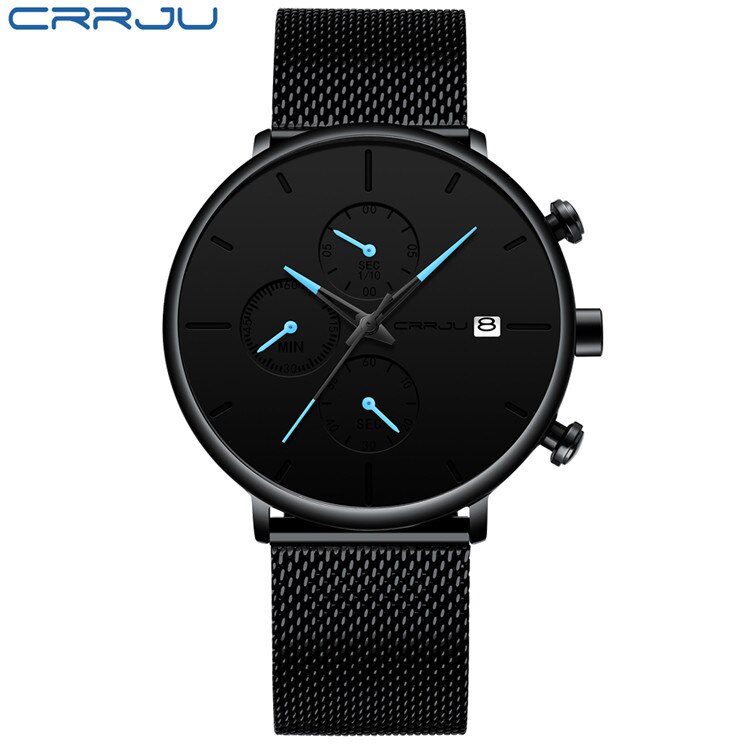 Crrju ur herre vandtæt slim mesh rem minimalistiske armbåndsure til mænd quartz sportsur ur relogio masculino: 2268- sortblå