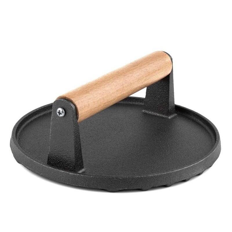 Round Big BBQ Tool Cast Iron Wooden Handle Steak Plate Meat Press Grill Fried Meat Squid Steak Barbecue Pressure Plate: Default Title