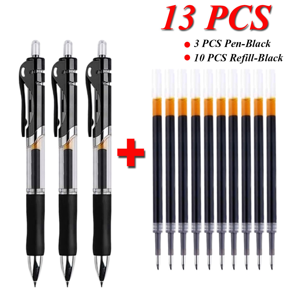 Juego de 13 Uds de bolígrafos de Gel retráctiles, tinta negra, roja y azul, bolígrafo de 0,5mm, recambios reemplazables, suministros escolares de oficina, papelería: Color negro