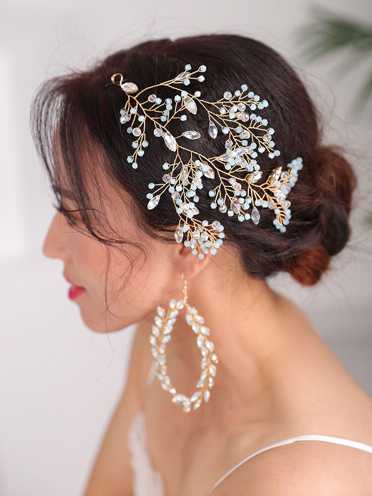 Ensemble de bijoux de mariage dorés Vintage, bandeaux et boucles d'oreilles, accessoires pour cheveux en cristal faits à la main, accessoires pour cheveux diadème de mariée