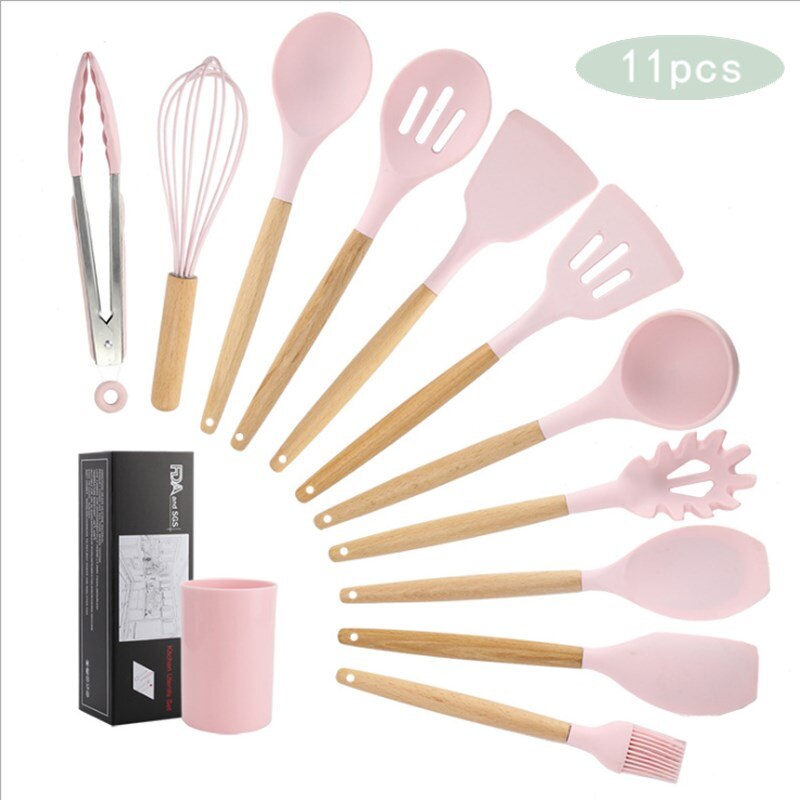 Ensemble d'ustensiles de cuisine en Silicone 11 pièces, poignée en bois massif rose avec boîte de rangement, accessoires d'outils de cuisine Kit de cuisine
