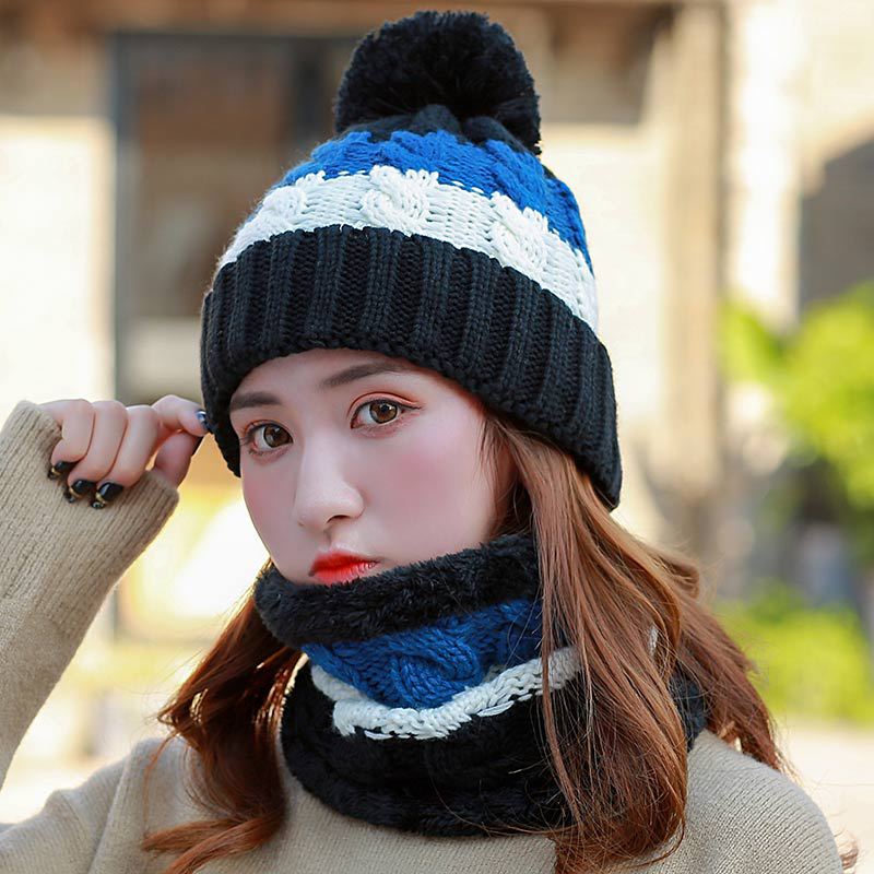 Gorro de invierno tejido, conjunto de bufanda para mujer, Gorro con pompón, conjunto de gorro y bufanda para mujer, accesorios de invierno cálidos y gruesos: black