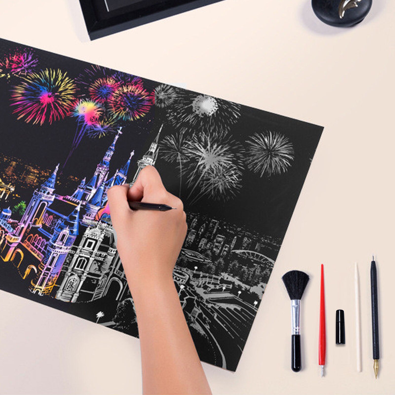 5Pcs Painting Drawing Scratch Set with Stick Scraper Pen Black Brush for Scratch Sketch Papers Boards Tools DIY