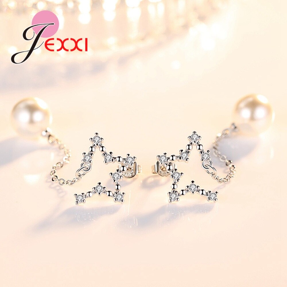 Heetste Verkoop Fresh Water Parel Doorboord Oorbellen Fonkelende 925 Zilveren Zirconia Verharde Stars Sieraden Voor Ol Dames
