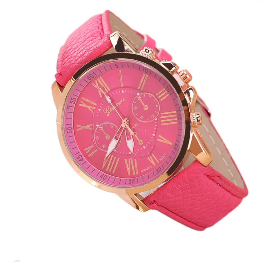 Merk unisex heren casual stijlvol romeinse cijfers imitatieleer quartz horloge montre horloges relojes mujer: Roos
