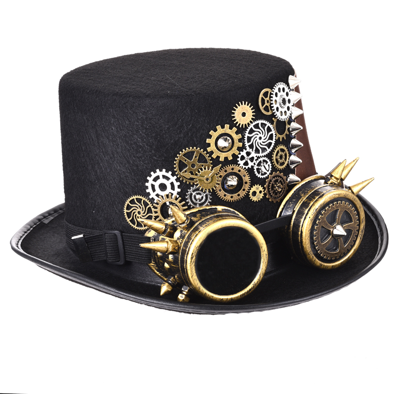 Cuir à pointes style Punk Fedora Steampunk pour hommes/femmes, accessoires avec lunettes, chapeaux, Festival, fête gothique, chapeau haut-de-forme