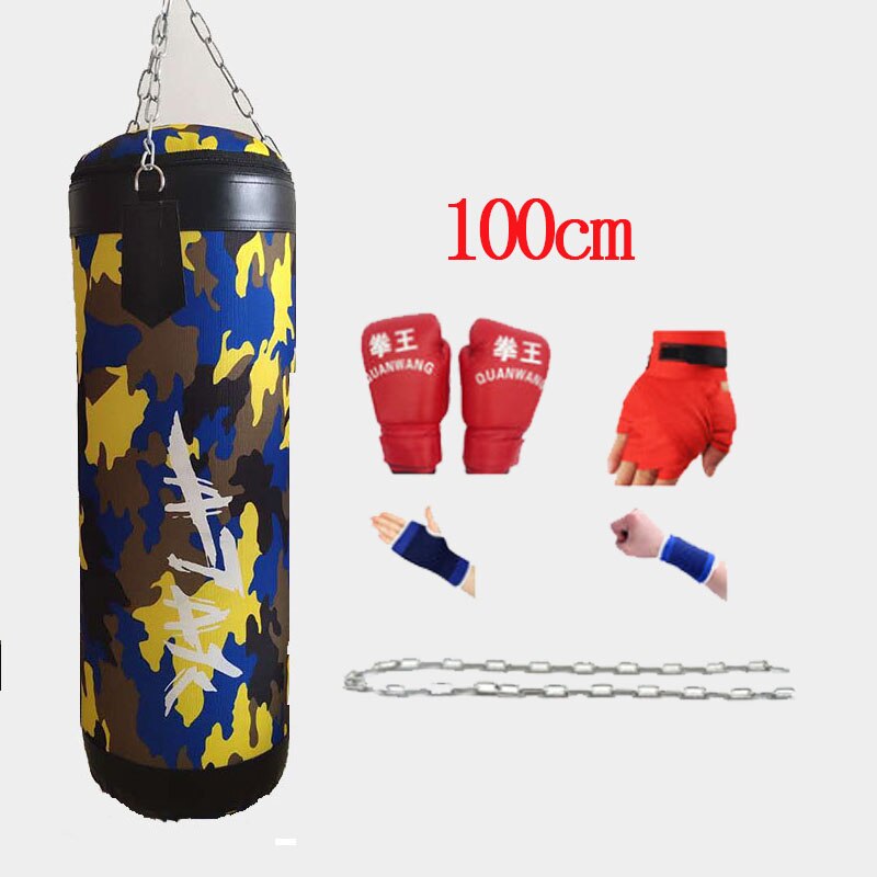 Boksesandpose camouflage med kædekrog tom-tung boksesæk hængende spark sandsæk boksning træningskamp karate: Camouflage-blå 100cm