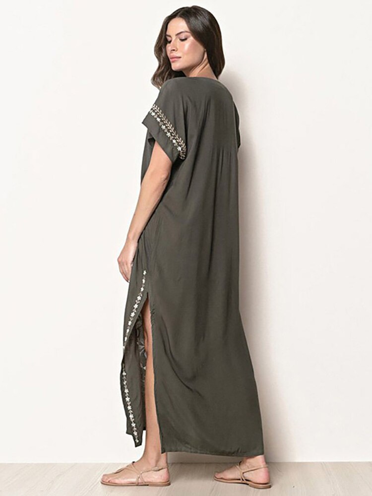 Beach Long Dress Oversized V Neck Short Sleeve Summer Dress Batwing Sleeve Embroidery Maxi Dress Loose Beach Cover Up