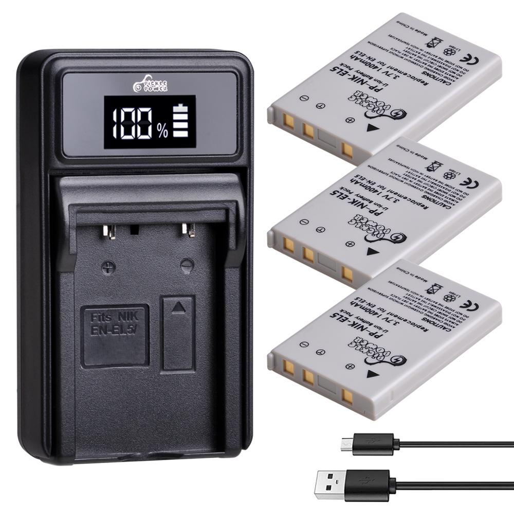 Batería EN-EL5 EL5 ENEL5 para cámara, Cargador USB LED para Nikon Coolpix P530, P520, P510, P100, P500, P5000, P5100, P6000, 3700, 4200: 3 battery 1 charger