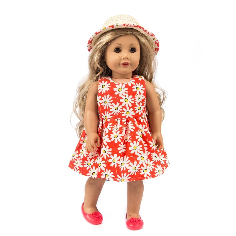 Chapeau de paille chaude + robe adaptée pour vêtements de poupée fille américaine poupée de 18 pouces, de fille de noël (seulement vendre des vêtements)