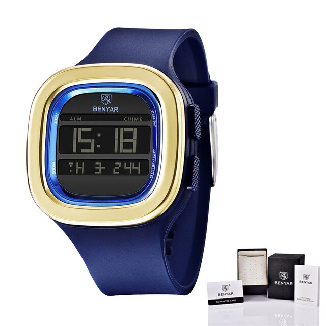Benyar nieuwste elektronische herenhorloge schokbestendig duurzaam automatische datum top luxe elektronisch digitaal sporthorloge voor heren: Blauw met doos