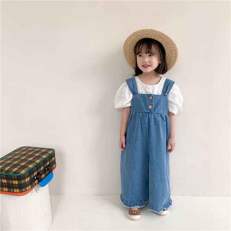 Primavera autunno stile coreano ragazze moda gamba larga increspature tuta di jeans bambini pantaloni larghi con bretelle larghe
