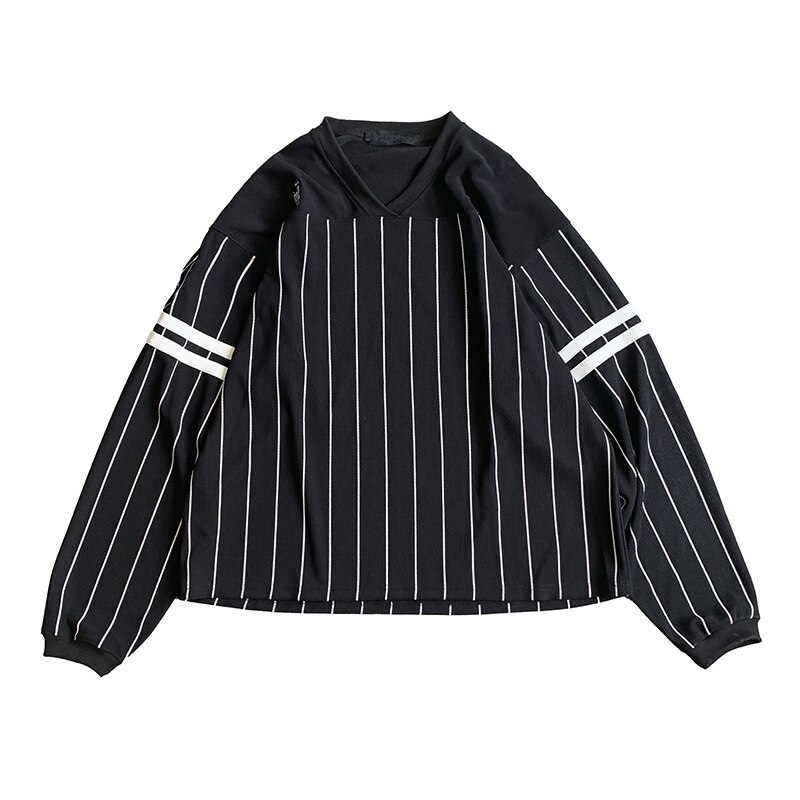 Striped V-neck Loose Sweatshirt Men Boy Korean Style Oversized Men's Sweatshirts Student Clothing: Black / XXL