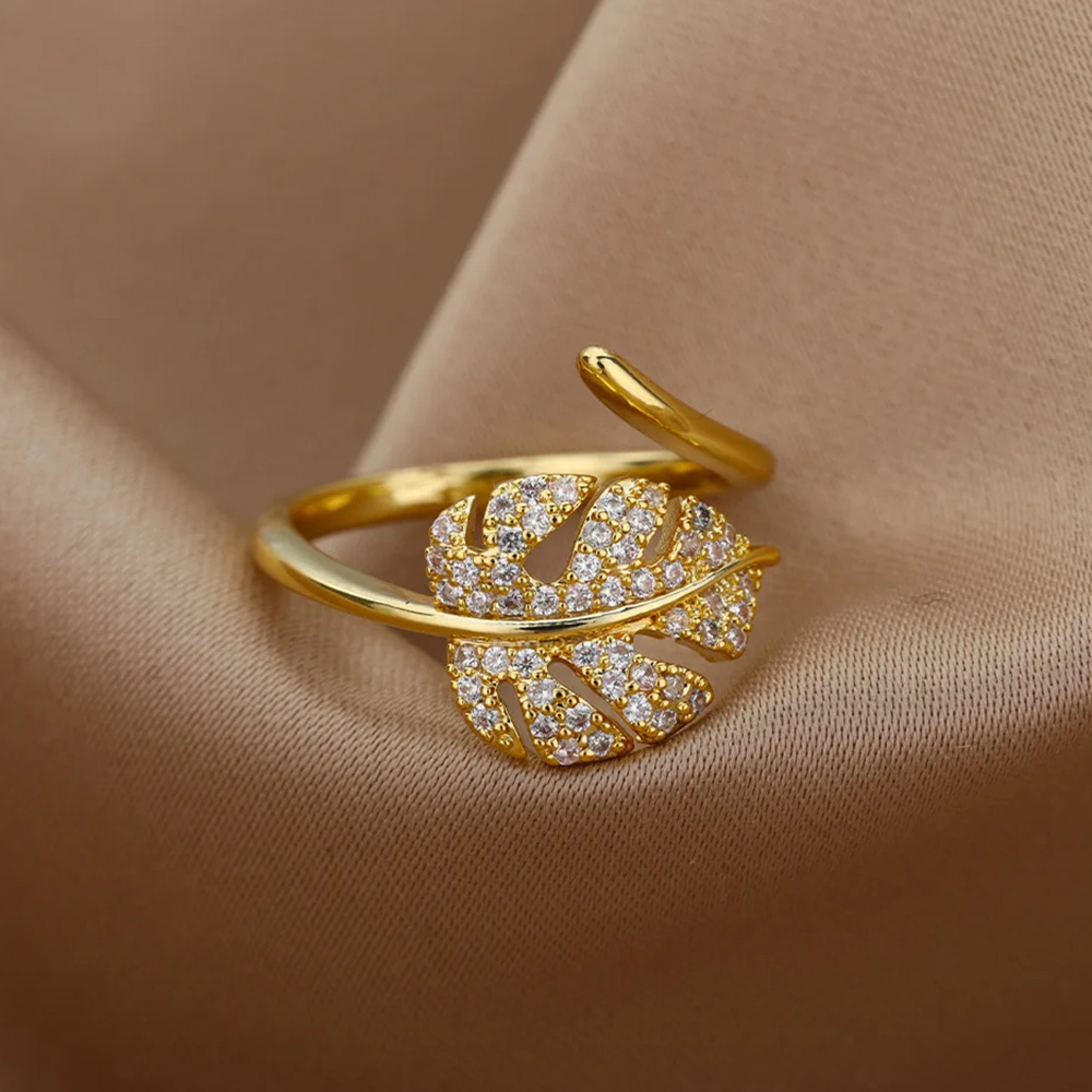 Palmenblattförmige ringe für damen, edelstahl, zirkonia, verstellbarer fingerring, partyschmuck, Schmuckstück femme