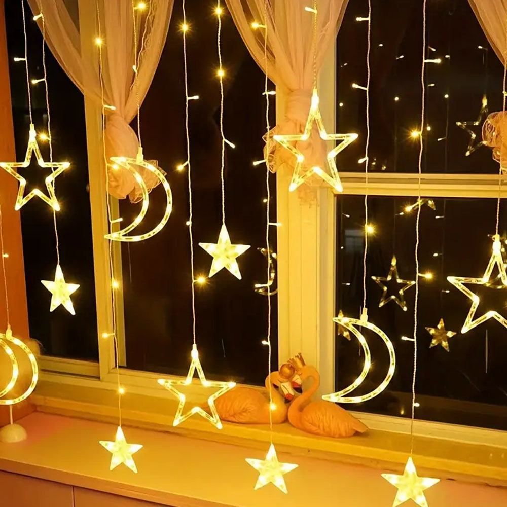 3,5 M Sterne Mond Vorhang Lichterketten Batteriebetriebene Weihnachten Girlande Lampe Hängen Ramadan Lichterkette für Zimmer Neujahr Dekor