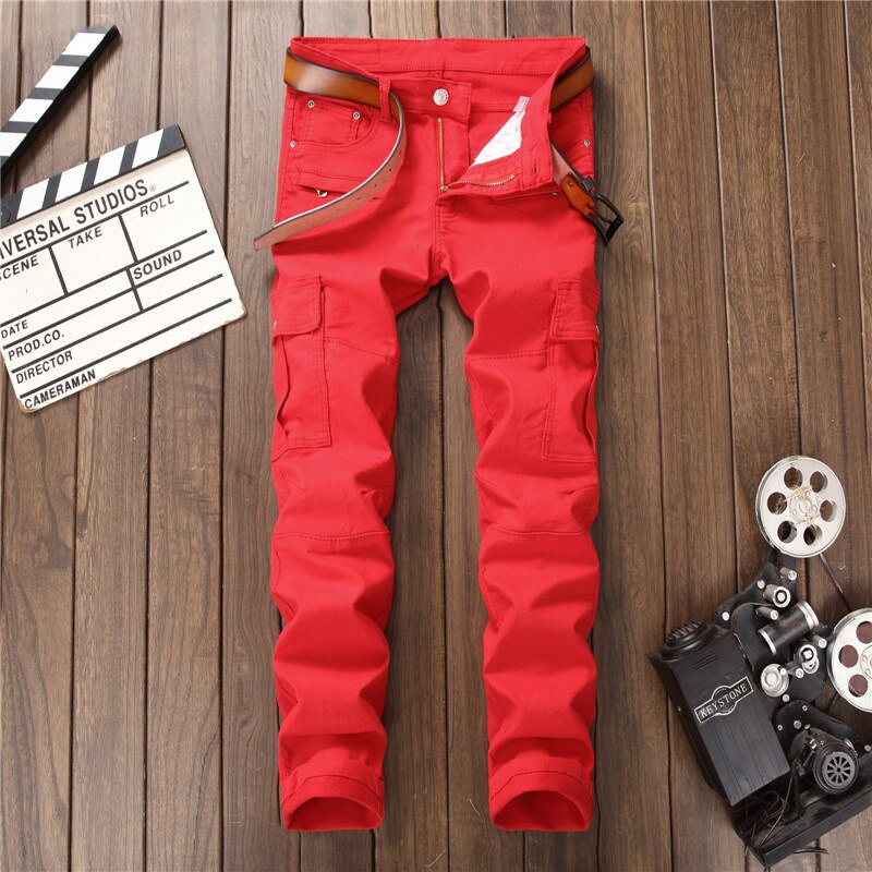 Europæisk amerikansk stil luksus herre røde jeans lommer slanke afslappede lommer denim jeans bukser til mænd