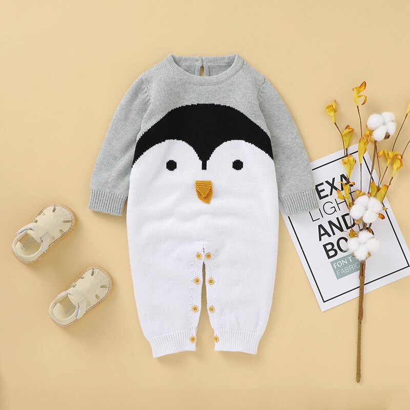 FOCUSNORM 0-24M Autumn Winter Baby Girls Boys Knit Romper Long Sleeve Cartoon Print Warm Jumpsuits
