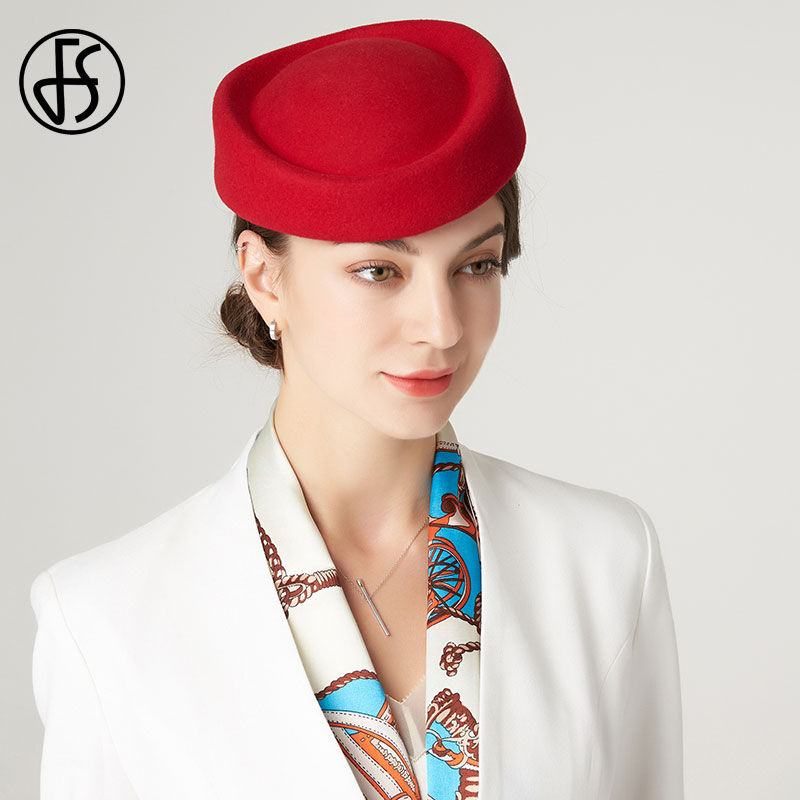 FS Women Fascinator Hat Base Red Wedding Party Church Cocktail Wool Hats Solid Fedora Hats For Bridal Chapeau Femme