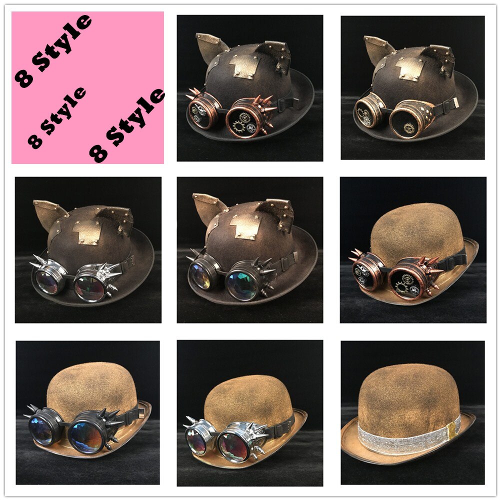 Kvinner steampunk bowlerhatt patch utstyr briller gull topper topp hatter fedora hodeplagg cosplaybillycock brudgommen lue