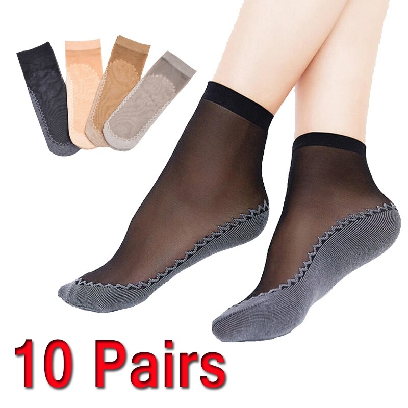 Calcetines suaves antideslizantes para mujer, medias de empalme de fondo transparente, transpirables, de seda fina, para primavera y verano, 10 pares