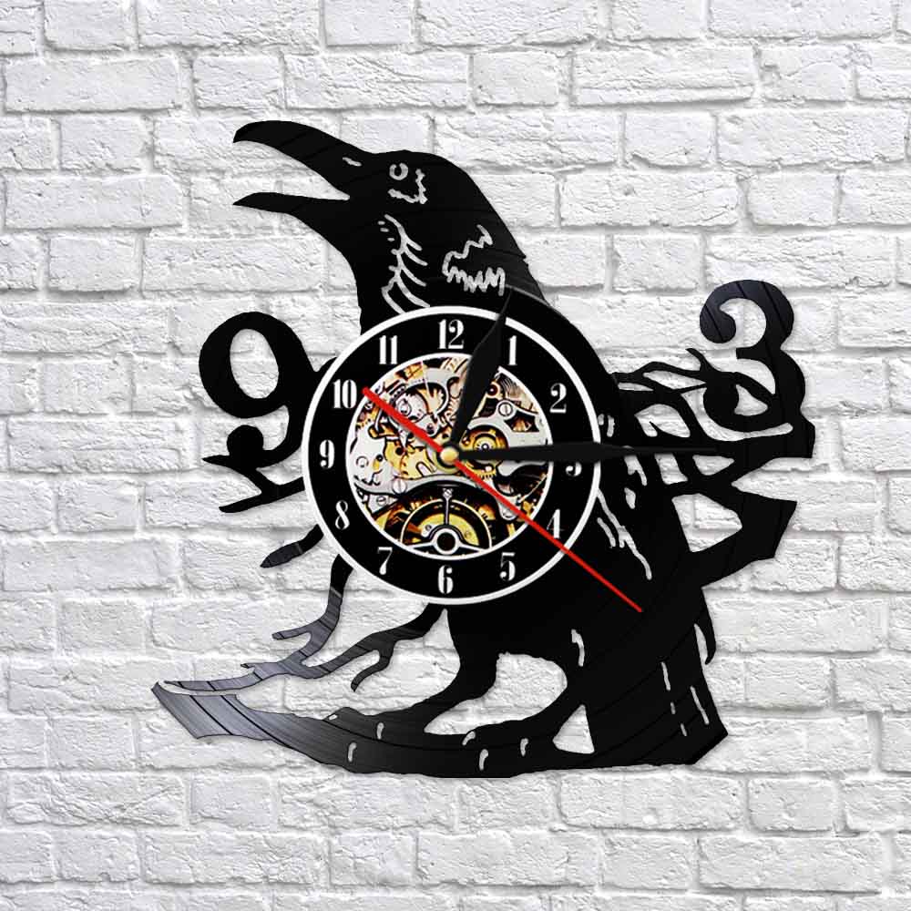 Sooty Raven Wall Clock Howling Art Decorative Modern 3D Quartz Watch Vinyl Music Record Timepiece LED Lighting Night Lamp