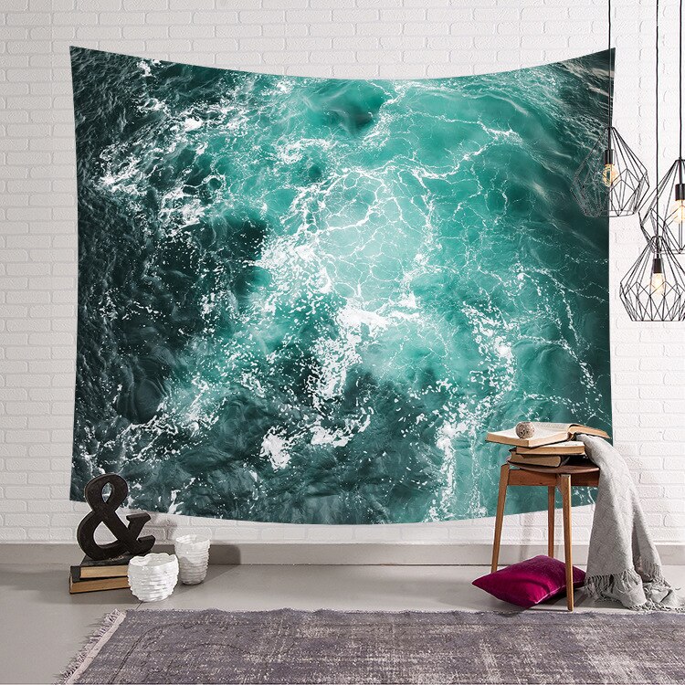 Tapisserie mer soleil océan plage tenture murale eau paysage plage décor bleu nuage bleu mousseux à la main polyester couverture