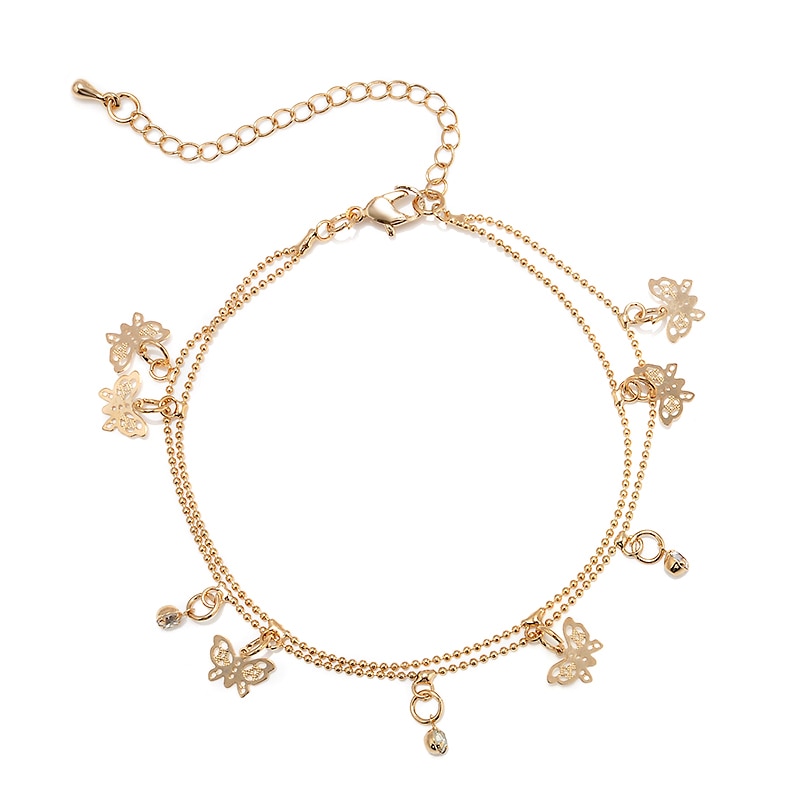 Frauen Strand Goldene Schmetterling Anhänger Knöchel Kette Fußkettchen Armband Doppel Deck Fuß Kette Quaste Schmuck Ankle