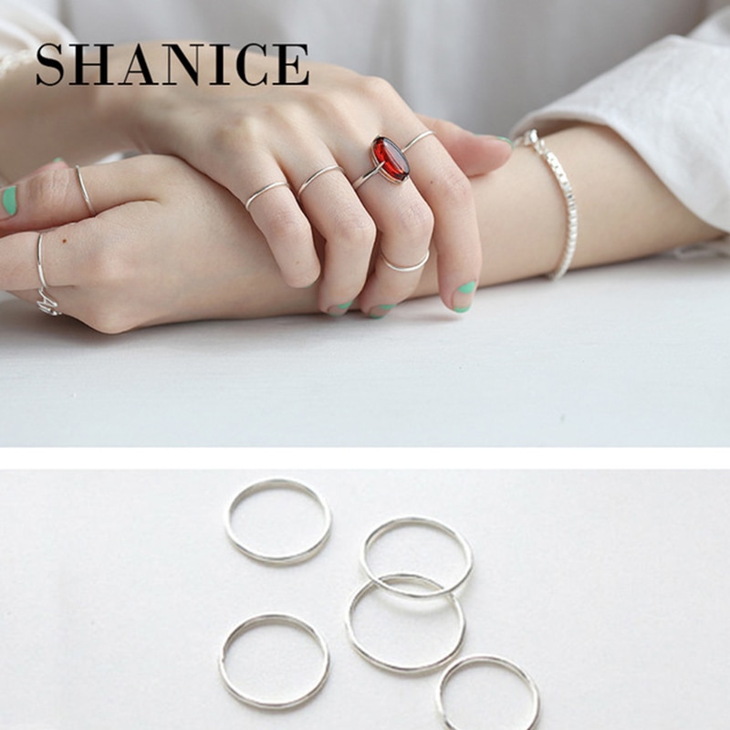 SHANICE 100% anillo de Plata de Ley 925 auténtica, anillo minimalista sencillo liso con brillo, anillo fino, anillo fino para dedo pequeño para mujer