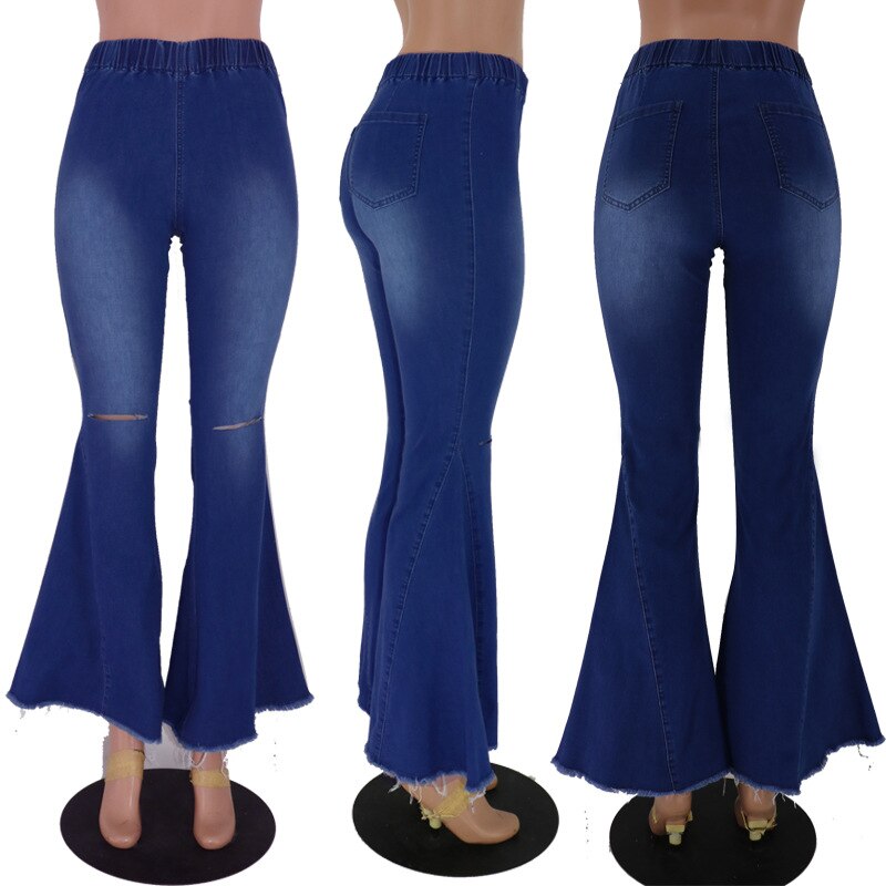 Women Hollow Hole Denim Flare Jeans Boyfriend Jeans Ladies High Waist bell bottom jeans Pants Autumn Loose Wide Leg Jean