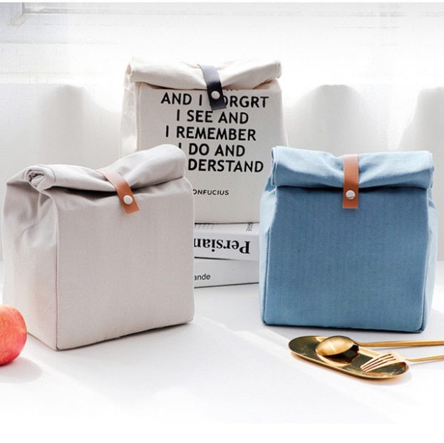 Lancheira térmica feminina, bolsa de lona portátil funcional com listras para alimentos, para crianças, piqueniques