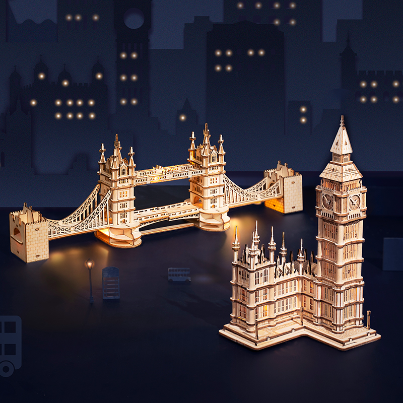 Robotime Wooden Puzzle Game DIY 3D Tower Bridge,Big Ben,Famous Building Assembly Toy for Children Teen Adult