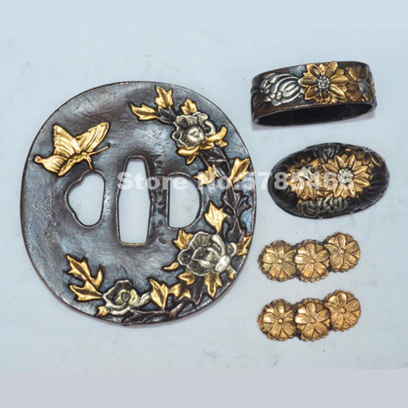 Håndlavet et sæt forgyldt guld & sølv kobber bronze vagt tsuba menuki fuchi kashira til japansk samurai sværd katana wakizashi