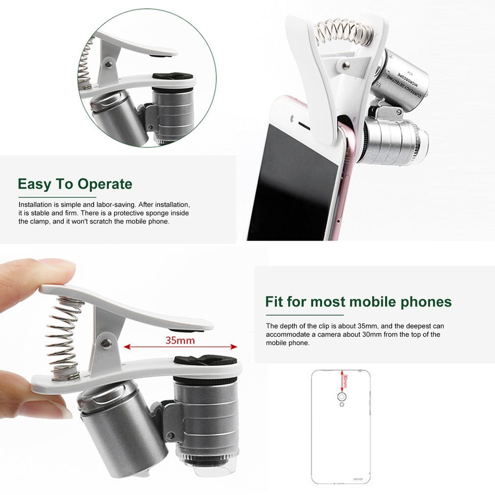 60X Clip-On Phone Microscope Magnifier Universal Clamp Microscope With LED / UV Lights Identification Of Jewelry Antiques