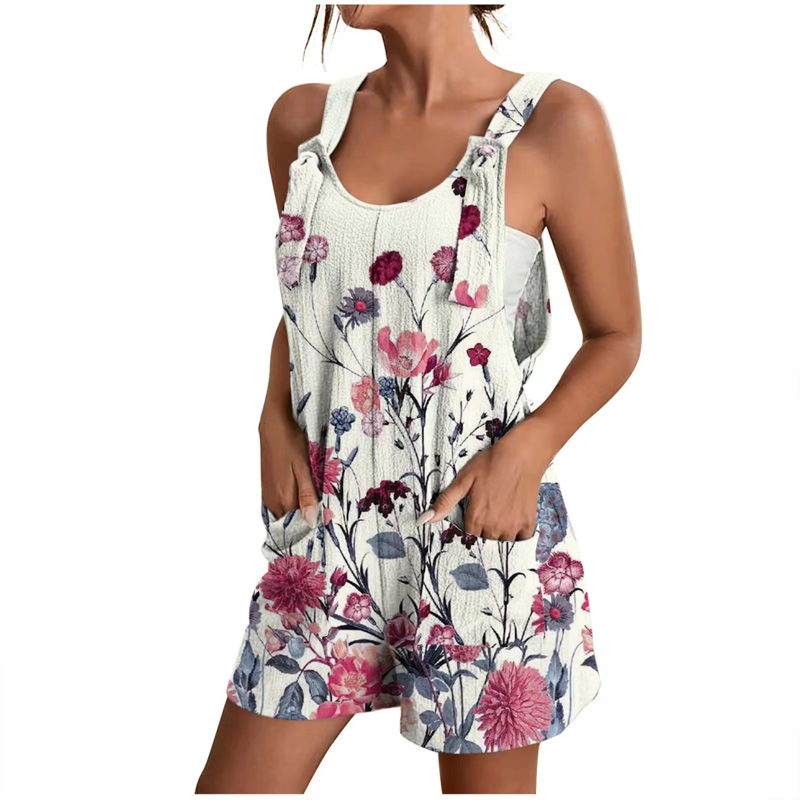 Mamelucos para mujer, monos de pierna ancha de verano, pantalones cortos con tirantes y nudo, mameluco, monos casuales cómodos con bolsillos: M / Blanco