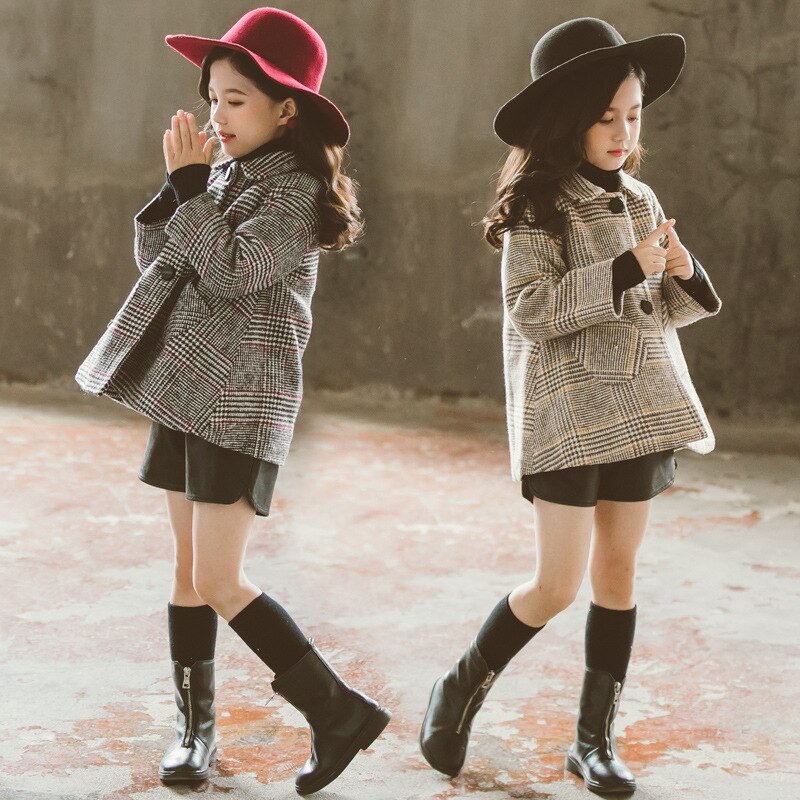 Stor flicka tjocka yllerockar barn klassisk rutig lös jacka barn höst vinter yllerock flickor barn turn-down krage kläder