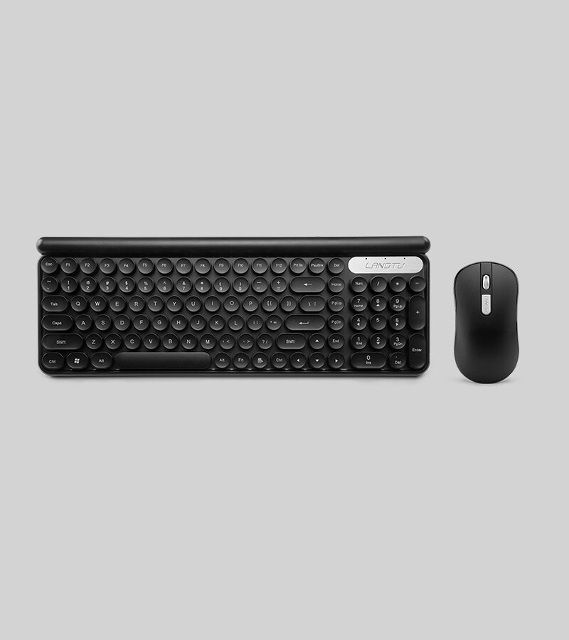 Smart Sleep Charge Wireless Keyboard and Mouse Set Silent Mouse Keyboard Suspension Retro Round Key Cap Keyboard PC Keyboards: Charging style Black