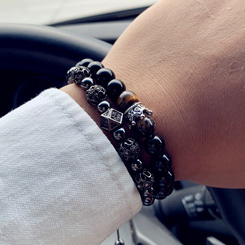 Bracelet luxueux pour hommes, 2 pièces/ensemble, Bracelet à breloques pavé, CZ Punk, perles, crâne, bijoux: 3