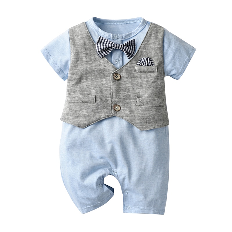 Summer Infant Baby Boys Rompers Gentlemen Bow Tie Short Sleeve Patchwork O-Neck Jumpsuits 2 Colors