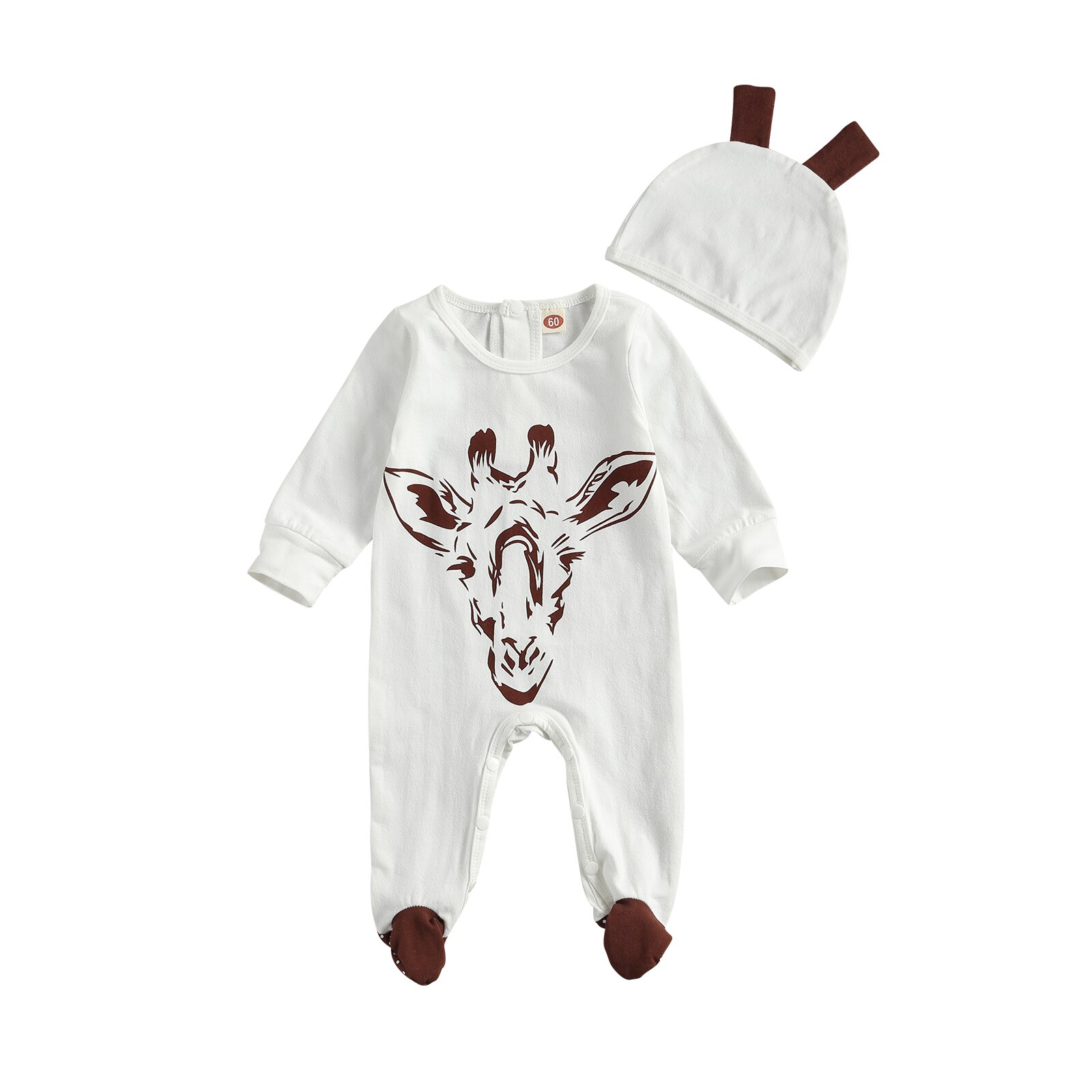 0-6M Baby Baby Meisje Jongen Lente Giraffe Print 2 Stuks Set Lange Mouwen Footie + gewei Cap Koffie/Wit Pasgeboren Outfit: B / 3M