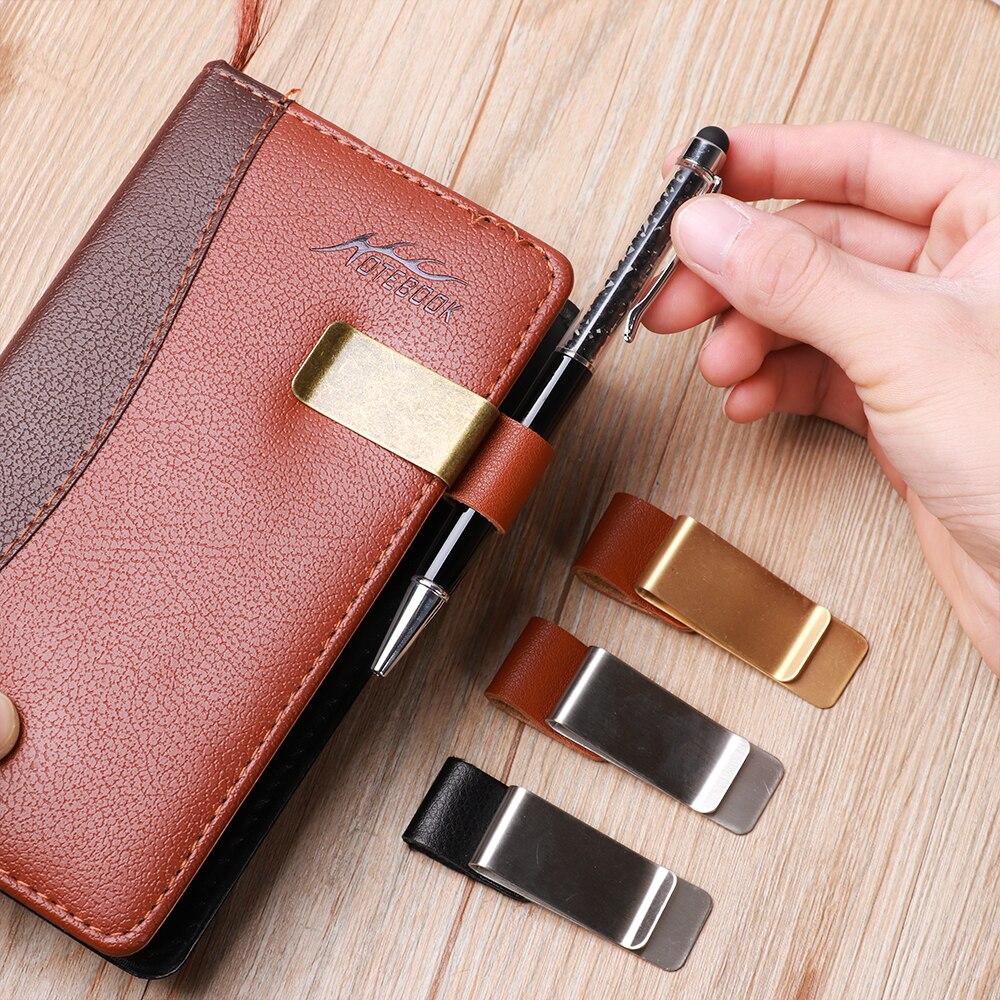 Metal Handmade Leather Brass Stainless Steel Pen Holder Pencil Clip Journal Dairy Notebook Holder Paper Folder Memo Clip
