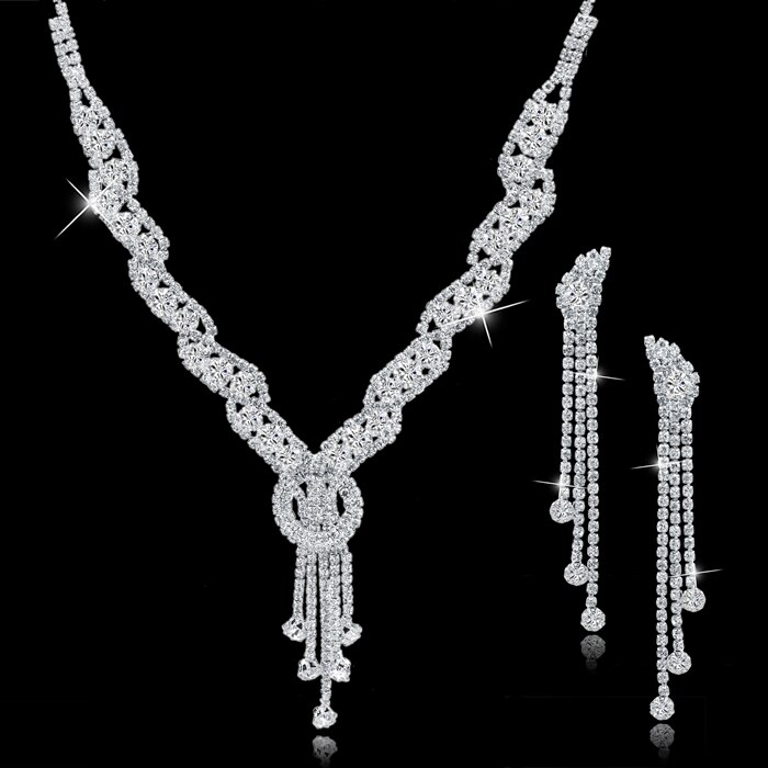 Sselam-ensemble de bijoux en strass pour femmes, ensemble de bijoux de mariage, collier, boucles d&#39;oreilles, pompon, accessoires, SET150067: main picture