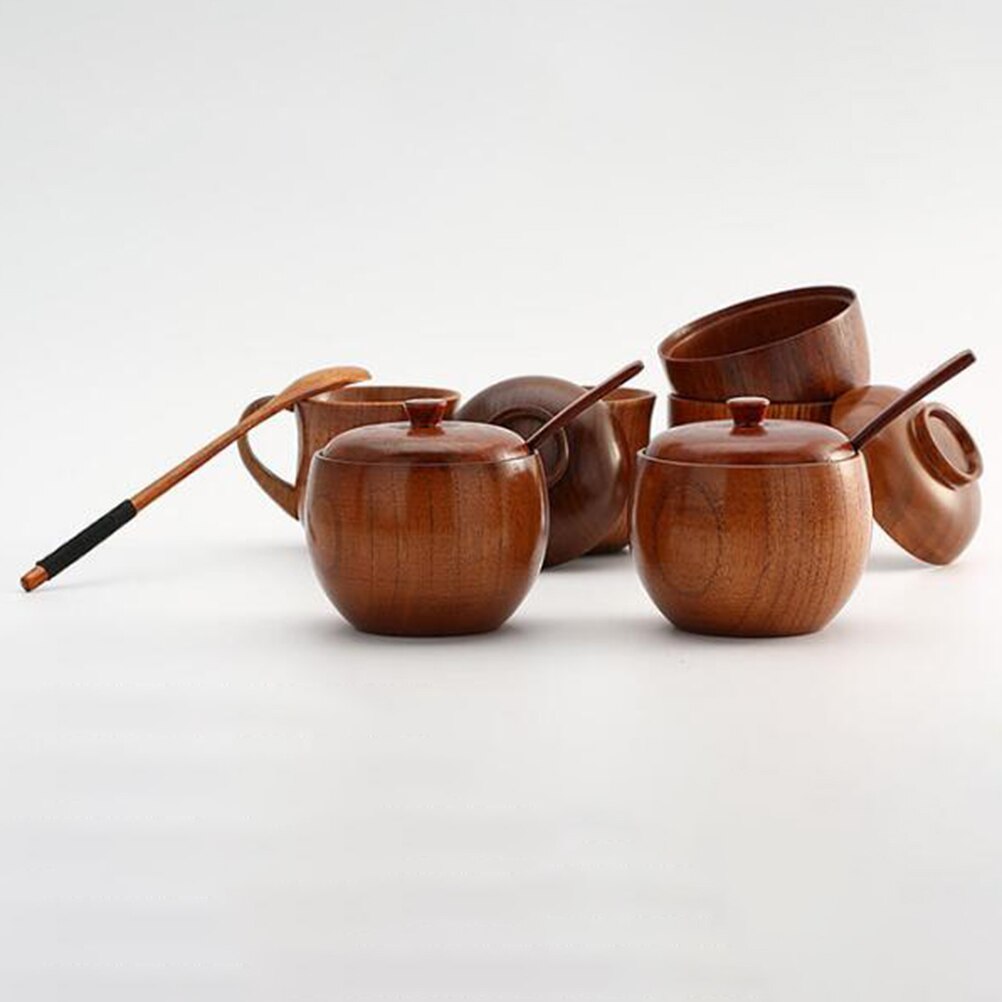 1 Set Wood Seasoning Salt Cans Pot Dish Suits The Kitchen Seasoning Box Salt Pepper Shakers Salt Pigs Wooden Sause Pot