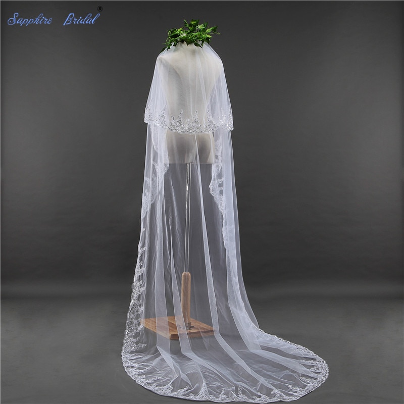 Voile De mariage avec fard à joues gratuit, voile De mariée De saphir 2 niveaux, avec bord en dentelle De 3 mètres